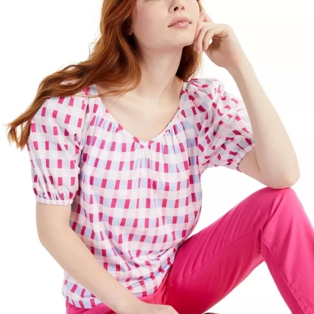 Charter Club Pink White Blue Plaid Puff Sleeve Cute Classic Top Size Xl
